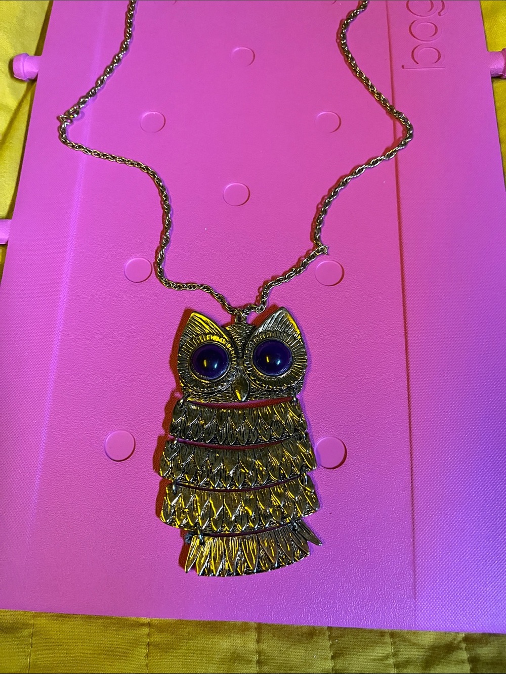 Source Unknown Gold Owl Pendant Necklace with Blue Eye Accents